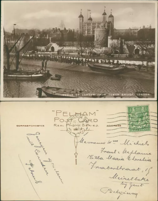 Tower of London From Tower Bridge RP Real Photo Boots Pelham GB 1934 cancel 2