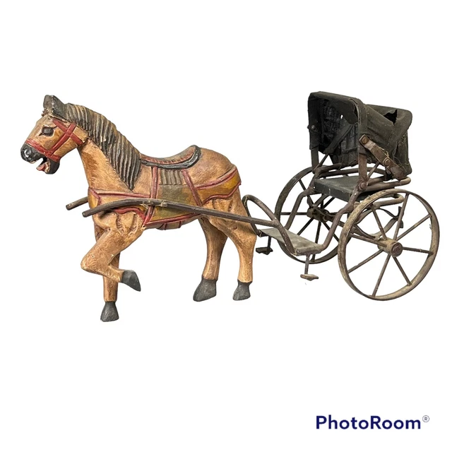 L4 antique Vtg  18” carved wooden horse pulling a metal & fabric carriage RARE