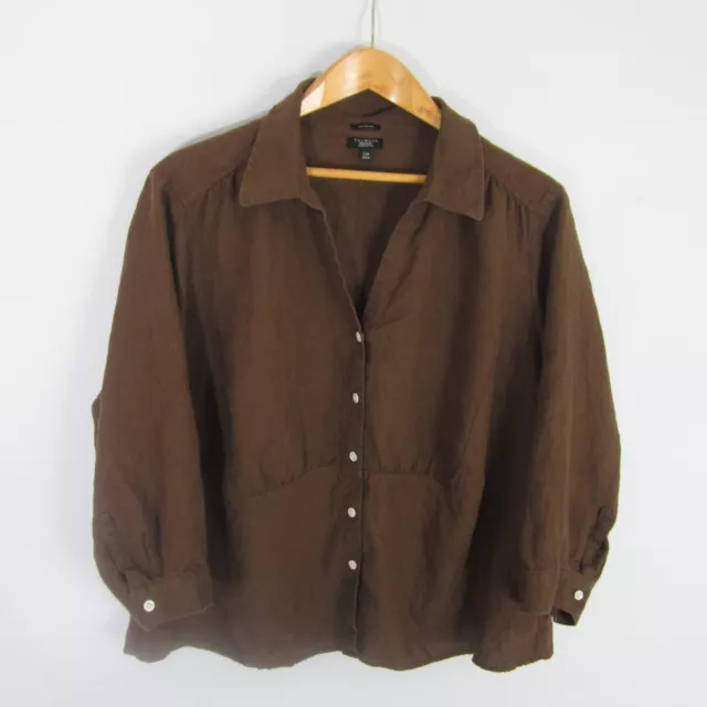 Talbots Woman Petites 22W Brown 3/4 Sleeve 100% Irish Linen Empire Waist Shirt