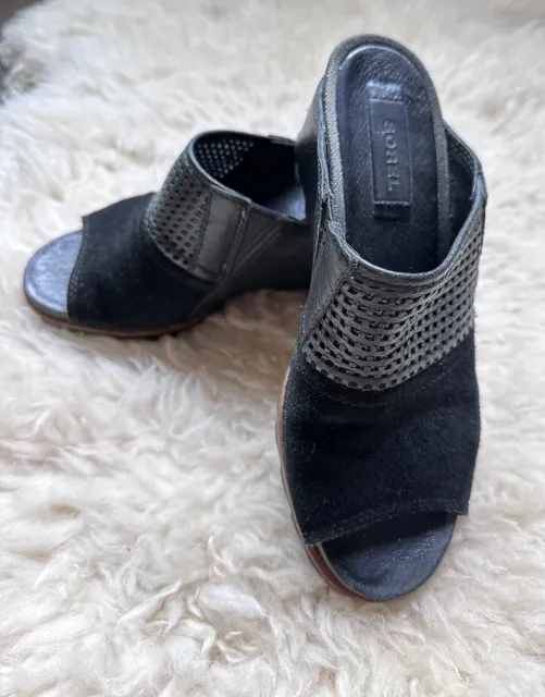 Sorel Joanie Mule Wedge Sandal Slip On Slide Women Size 7 Black Leather Suede