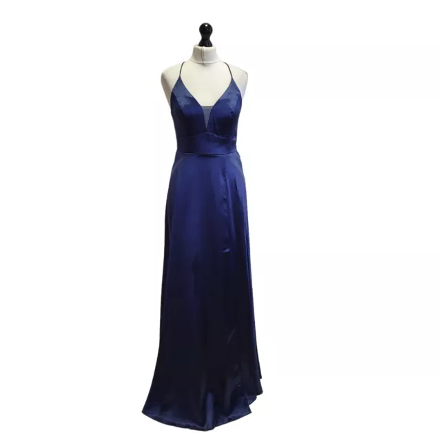 Quiz Blue Navy Satin Prom Evening Maxi Dress Uk Women's 10 Eu 38 Bnwt F559