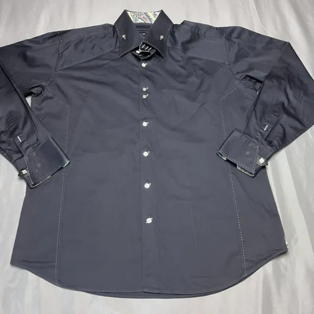 Bogosse Shirt Mens XXL 6 Black Long Sleeve Contrast Cuff Collar Button Up Cotton