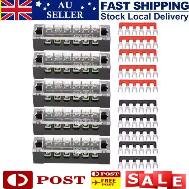 5X Dual Row 6 Positions 600V 15A Screw Terminal Block Terminal Barrier Strip NEW