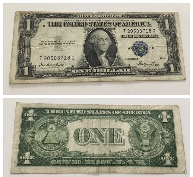 VINTAGE one DOLLAR 1935-E $1 SILVER CERTIFICATE BLUE SEAL BILL WASHINGTON $1.00