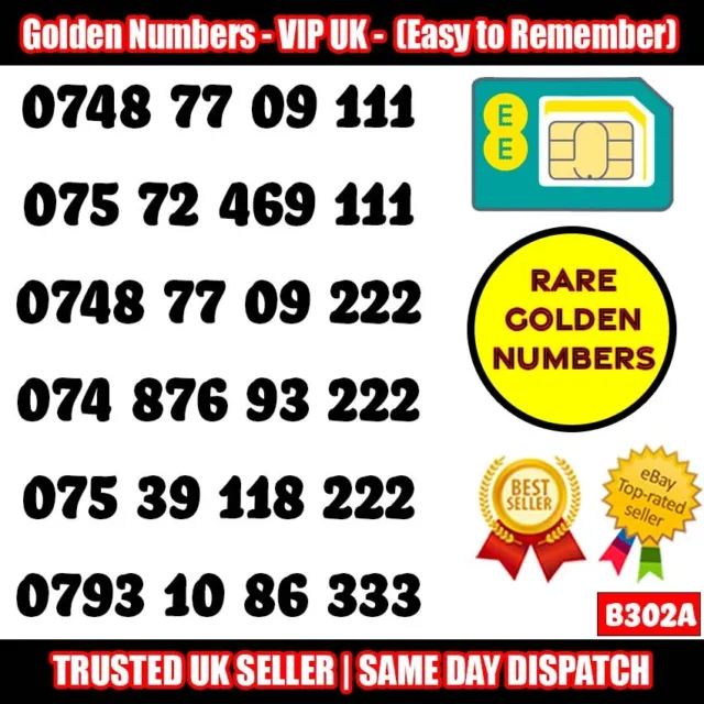 Golden Number VIP UK SIM - Easy to Remember & Memorise Numbers LOT - B302A