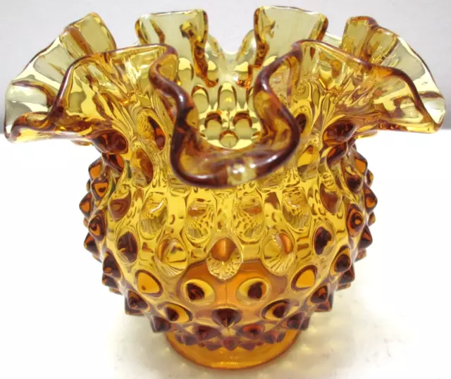 Vintage Fenton Art Glass Vase Round Hobnail Colonial Amber 4 1/4" T  5" D