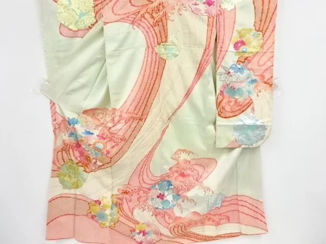 84906# Japanese Kimono / Antique Furisode / Embroidery / Raging Waves & Flow