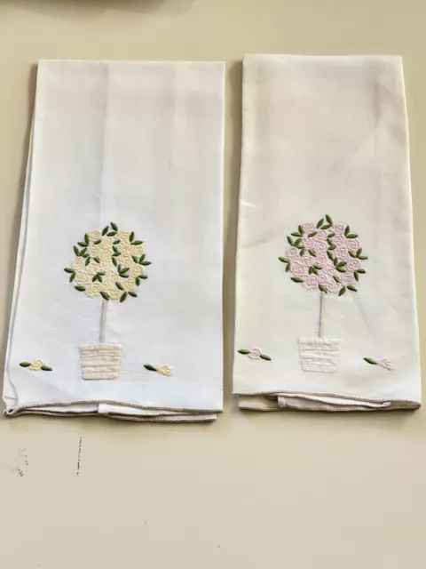 2 Marghab Madeira Linen Finger Tip Guest Towels, "Rose Tree" 1 Pink 1 Yellow