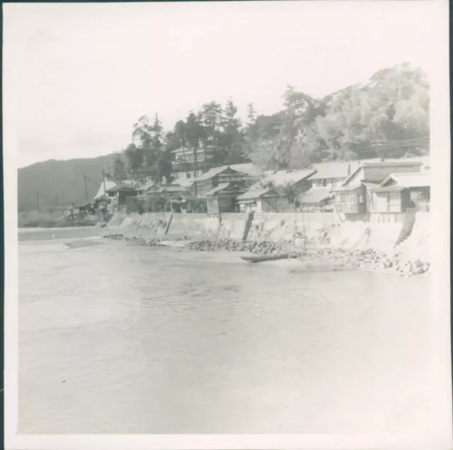 Photograph Japan 1954 Iwakuni village Houses river  3 x 3 inch original