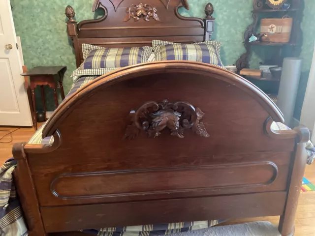 Antique 1860s Victorian Carved Wooden Full Size Bedframe with Pinecone Finials
