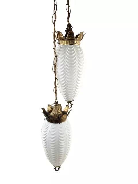 Pair Hollywood Regency Gold Tone Swag Light Frosted Lincoln Drape Glass Shades
