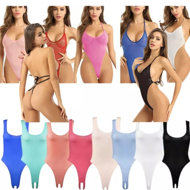 Sexy Womens Sheer Mesh Bodysuit See Through High-cut Thong Leotard Swimwear