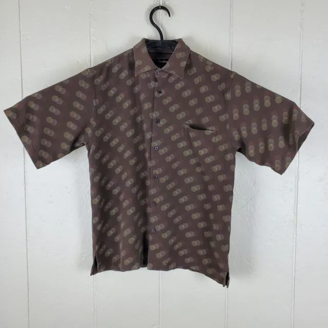 Neiman Marcus Shirt Mens Medium Brown Button Up Collared Short Sleeve 100% Silk