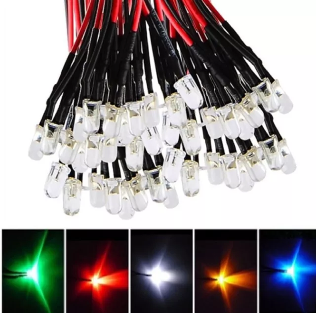 10 Pz. Diodi LED CABLATI alta luminosità 3 e 5 mm BIANCO ROSSO VERDE BLU 3-12V