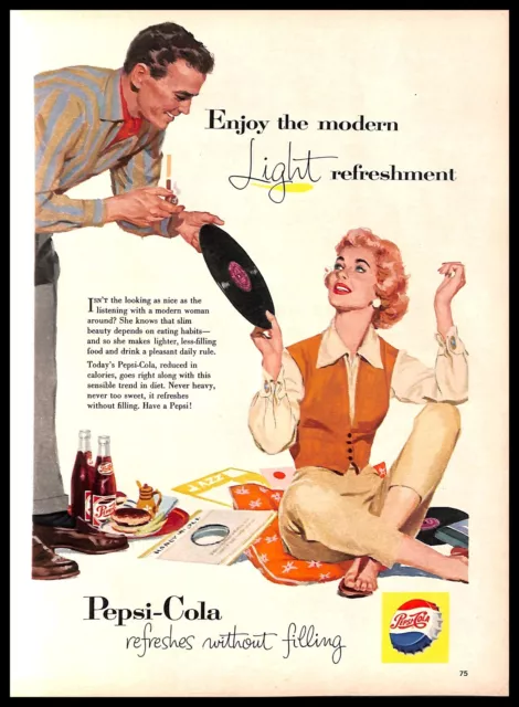 1957 Pepsi Cola Soda Drink Vintage PRINT AD Art Illustration Couple Records