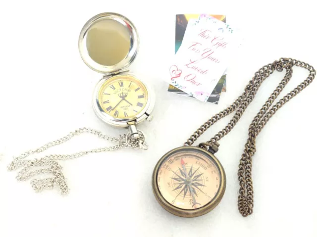 Brass Navigational Compass Handmade with Push Button Pocket Watch Set Of 2 Gifts