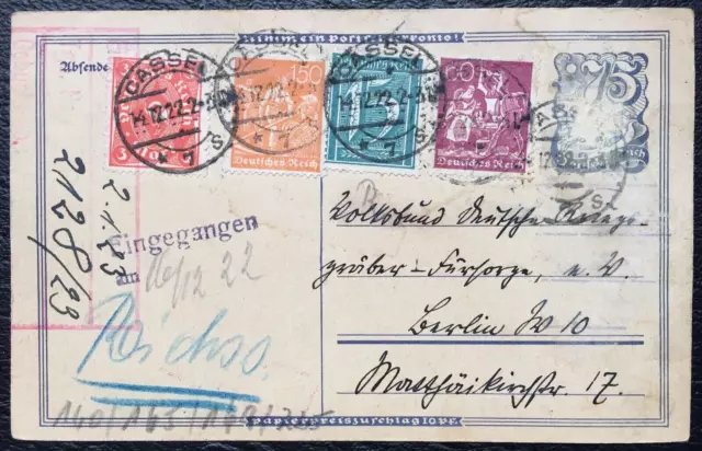 Deutsches Reich 1922 Ganzsache P 146 ZuF / Postkarte Kassel - Berlin gestempelt