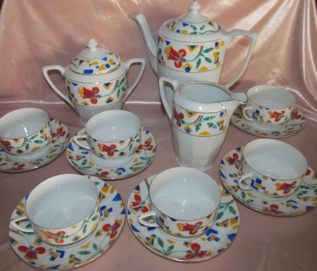 Service à Thé En Porcelaine Fine Gallard Tours, Motif Floral Multicouleur, Württemberg, Occasion
