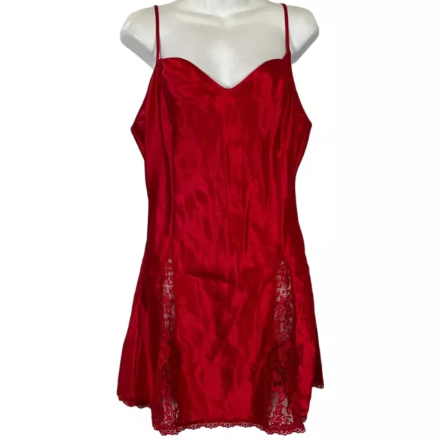 Victorias Secret Gold Label Vintage Red Satin Lace Chemise Slip Nighty sz L