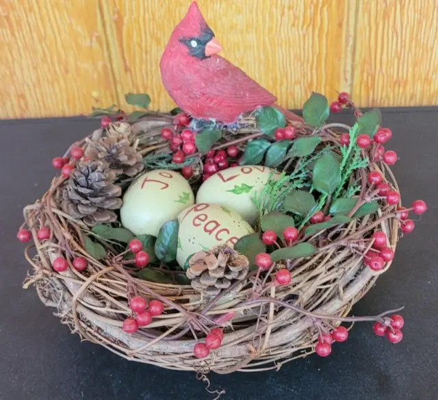 Red Bird Cardinal Nest with Eggs Peace Joy Love Craker Barrel Christmas Holiday