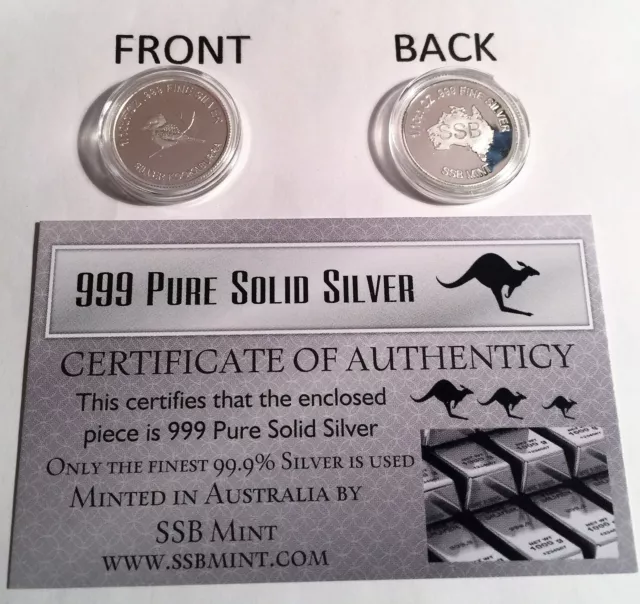 1/10th Oz 99.9% Pure Silver Bullion Coin, "Kookaburra" (C.O.A.) 14 to Coll.