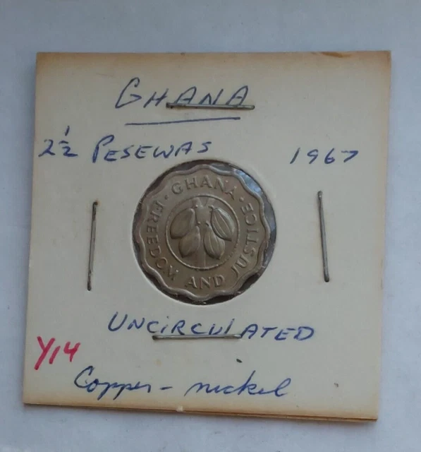 1967 Ghana 2 1/2 Pesewas Copper Nickel BU Coin KM#14 Cocao Beans Within Circle