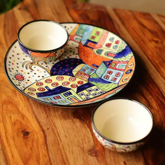 Multicolour Hand Painted Ceramic Dinner Plate And Bowl Set (1 Plate, 2 Bowls )