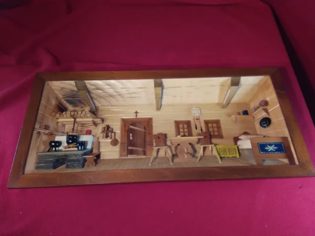 Mittleres älteres 3D Bild Handarbeit Bauernstub Bauernküche Diorama Holzbild1641