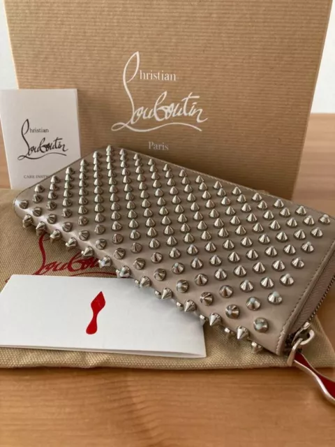Christian Louboutin Panettone Wallet Beige Leather Silver Spike Studs Box Bag