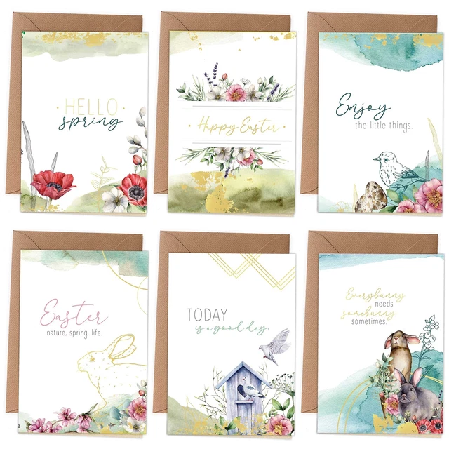 6 biglietti di auguri primaverili con busta e adesivi per Pasqua