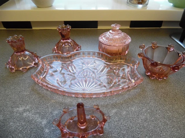 ART DECO PINK Glass 5 Piece Dressing Table Set by Samuel Reich 26.99 -  PicClick UK