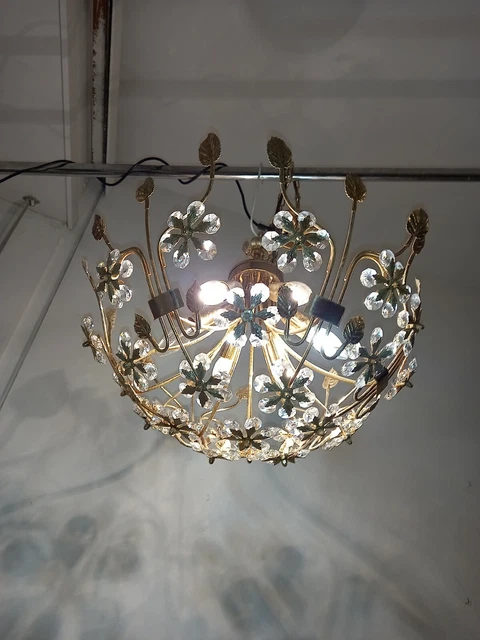 Lustre Floral Chandelier 70's Spoutnik Crystal Laiton Vintage Plafonnier