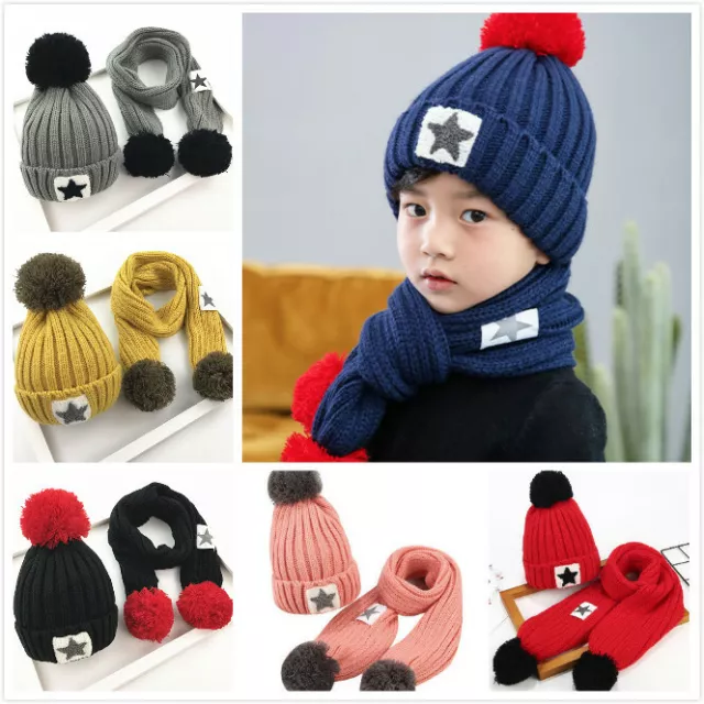 Kinder Jungen Mädchen Fleece gefütterte Mütze und Schal Set Beanie Mütze Größe 2-7 Jahre