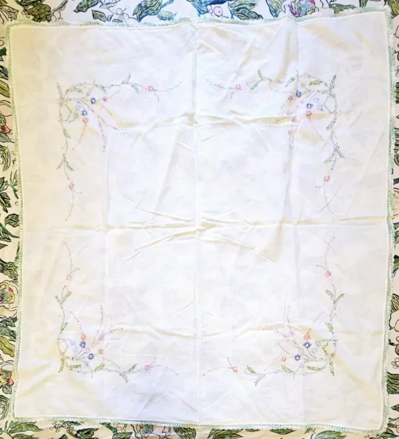 Vintage Tablecloth Card Table Pastel Embroidered Floral Crochet Edging 35" x 37"