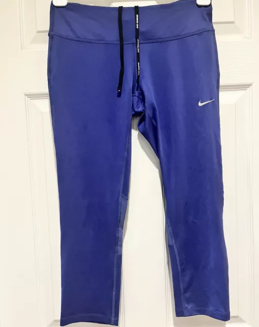 Nike Power Epic Run Capris Womens Dri Fit Size M Blue Logo Workout Tight Comfort