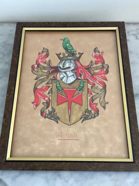 Handpainted Original Watercolour "WOOD" Heraldic Family Crest Coat of Arms TW 85