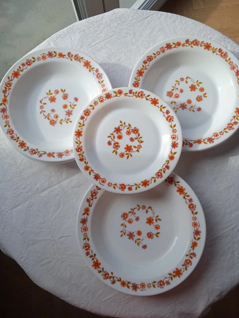 Lot Arcopal Vintage - Grand Plat Et 5 Assiettes Dessert Opaline, Motif Fleur Orange