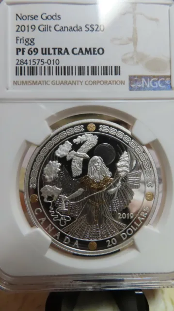 2019 Canadian $20 Norse Gods: Frigg - 1 oz Fine Silver Gold-plated Coin NGC PR69 3