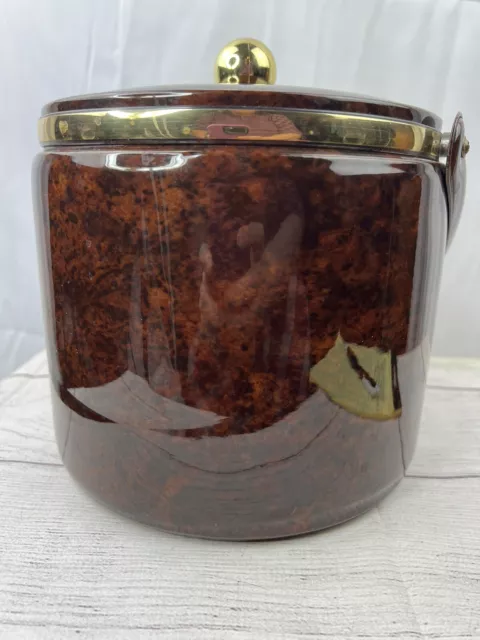 Georges Briard Ice Bucket Faux Leather 7 in Carrying handle Gold knob trim USA