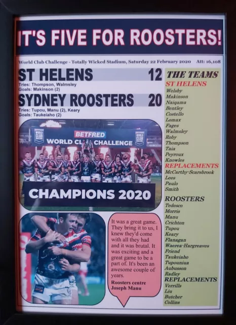 St Helens 12 Sydney Roosters 20 - 2020 World Club Challenge - framed print