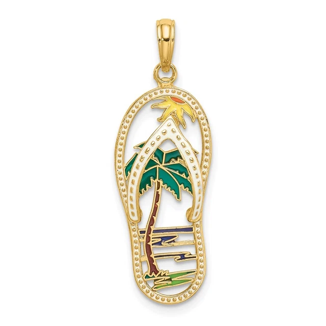14K Yellow Gold Enamel Palm Tree Flip-Flop Charm