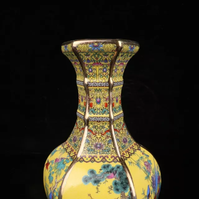 Chinese Enamel Color Porcelain Hand Painted Exquisite Flowers birds Vase yellow 2