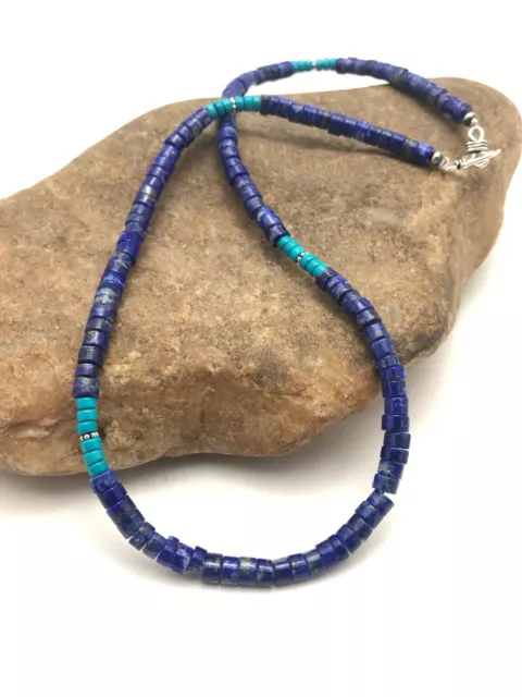 Native Lapis & Turquoise Beads Navajo Sterling Silver Necklace 19in 3218