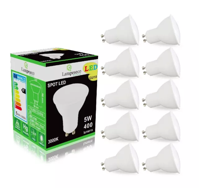 Pack de 10 Ampoules Led GU10 5W Blanc Chaud 3000K eq. 50W Halogène 120°