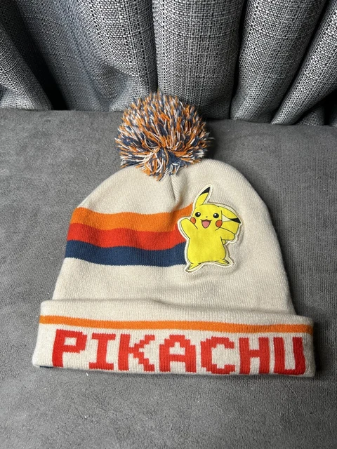 Pokemon Pikachu Knit Beanie Cuffed Pom Poms Beige Red 2022 Hat