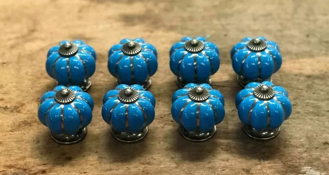 Set of 8 BLUE ENAMEL PULL Drawer Cabinet Knob Porcelain Handle Screws Included