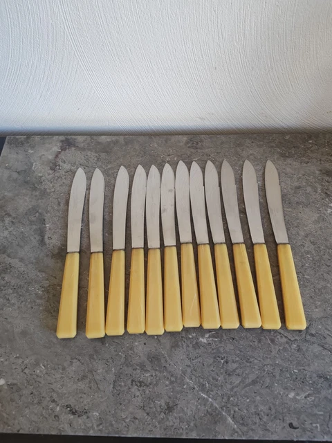 Coffret Vintage 12 Couteaux + 12 Fourchettes à Dessert – Manches Bakélite Bleue, 1920-49