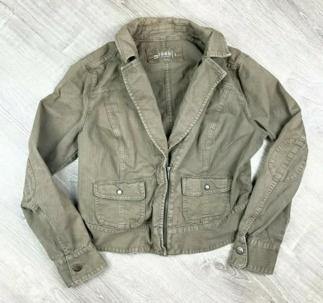 GAP Denim Zip Front Jacket Womens Sz L Olive Brown Stretch *FADED & DISCOLORED*