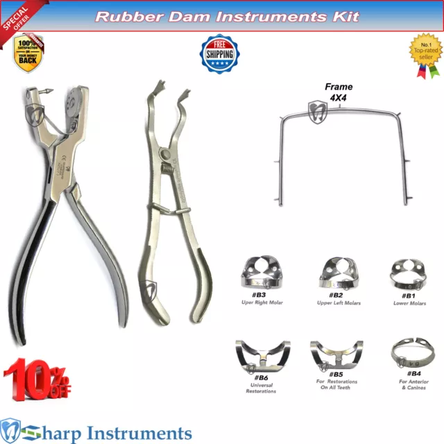 Rubber Dam Kit Ivory Forceps Brinker Clamps Ainsworth Punch + Frame Dental Tools