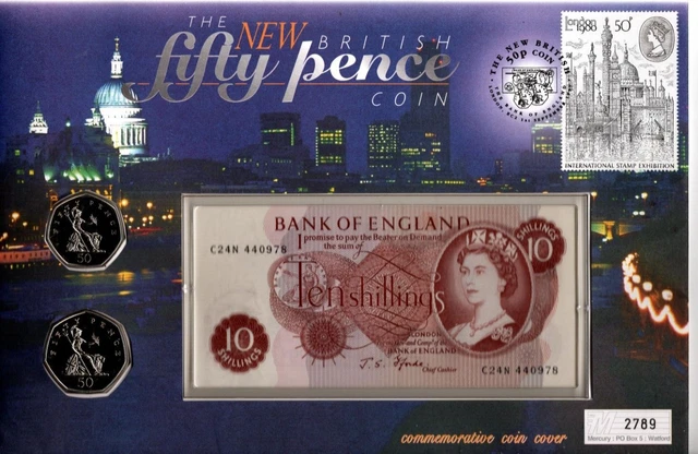 GB 1997 New 50p coin cover incorporating old 50p & 10/- note & London1980 stamp